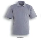 A grey marle short-sleeve polo shirt with a collar and three buttons down the front. The shirt is displayed against a plain white background.
