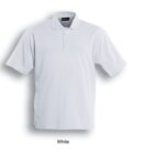 A plain white short-sleeve polo shirt with a collar and three buttons. The shirt is displayed against a white background, and the word White is written below it.