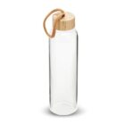 A transparent glass water bottle with a cylindrical shape, featuring a wooden cap. The cap has a tan rope loop attached for easy carrying. The bottle is empty and standing upright against a white background.