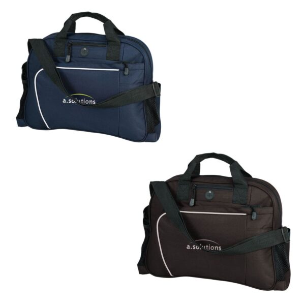 Two messenger bags are displayed. The top one is dark blue, and the bottom one is dark brown, both with black handles and adjustable straps. Each bag features a front zip pocket and white piping detail, with a. solutions printed on the front.