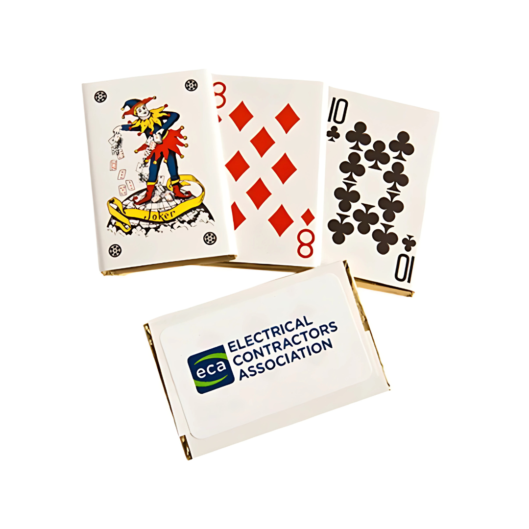 A pack of Custom Branded Chocolate Playing Cards showcases the top three: a Joker, the eight of diamonds, and the ten of clubs, all adorned with the Electrical Contractors Association logo.