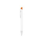 A white pen with a sleek design, featuring an orange triangular element near the top and a silver tip, is isolated against a plain white background.