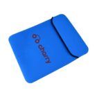 Blue neoprene laptop sleeve with a black trim and a Velcro flap. The brand name Charry is printed in red alongside a headphone logo.