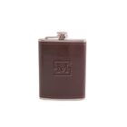 A dark brown leather-wrapped metal flask with a silver cap is shown against a plain white background. The leather has a stitched border and features an embossed letter M design in the center.