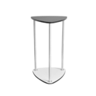 A modern, minimalist side table with three silver metal legs. The table features a triangular black top and a matching white base, both with rounded edges. The sleek design is stylish and contemporary.