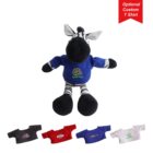 Stuffed zebra toy wearing a blue T-shirt with an embroidered logo. Below, four optional T-shirt designs: black with Allo, red with STAR, blue with a yellow star and BRIGHT, and white with Glow. Red tag reads Optional Custom T Shirt.