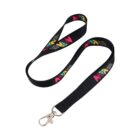 A black lanyard with colorful ANW text printed on it, featuring a metal clip at the end.