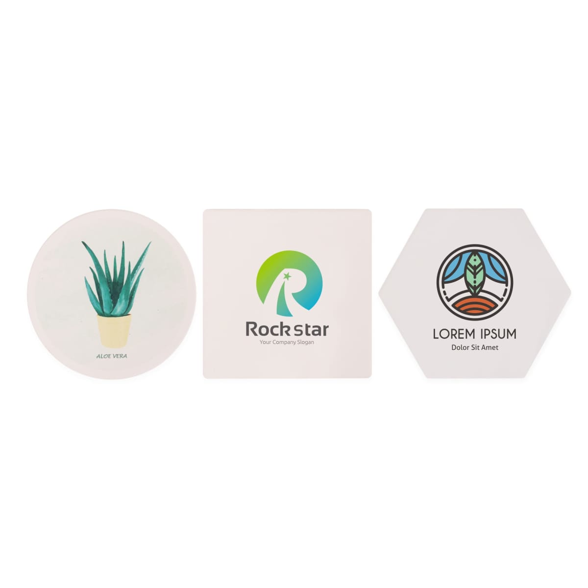 Three coasters arranged horizontally: a circular one with an aloe vera illustration, a square one with a Rockstar logo, and a hexagonal one featuring a leaf design and Lorem Ipsum text.
