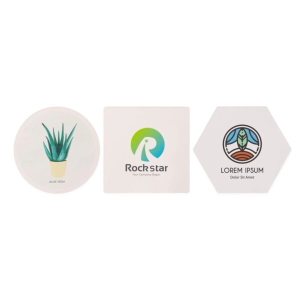 Three coasters on a white background: one round with an aloe vera illustration, one square with a colorful Rockstar logo, and one hexagonal featuring a stylized leafy emblem with text Lorem Ipsum Dolor Sit Amet.