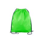 A bright green drawstring backpack with black strings against a white background.