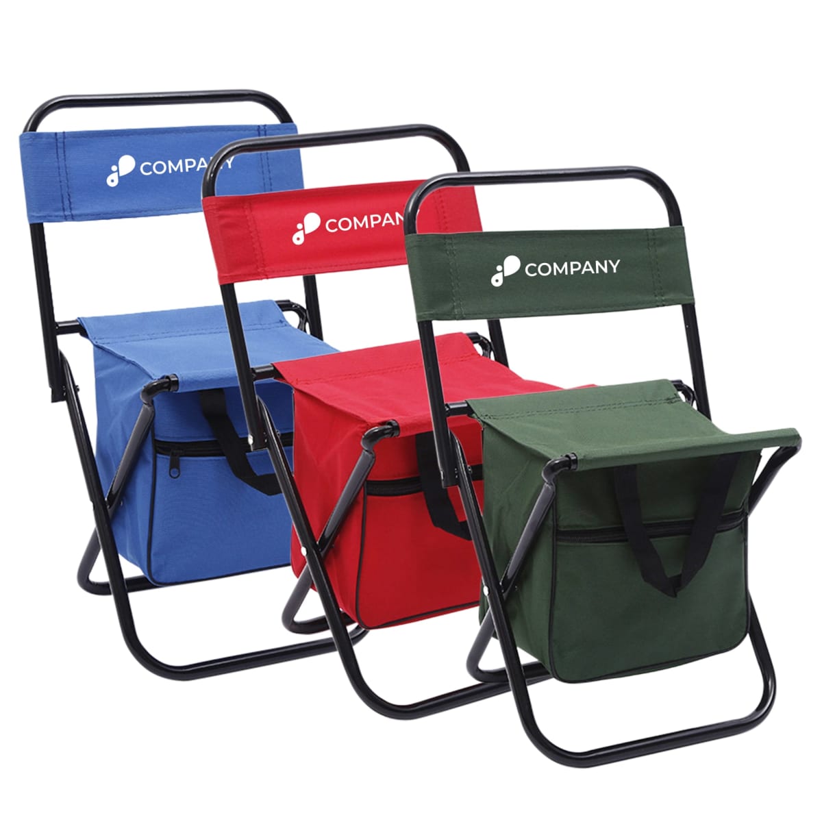 Three folding chairs with built-in cooler bags, each in different colors: blue, red, and green. Each chair has COMPANY printed on the backrest and features a black sturdy metal frame.