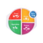 A divided plate with labeled sections in different colors: red for fruits, green for vegetables, yellow for grains, and purple for protein. A small blue circle for dairy is attached to the plate. Each section has icons representing food types.