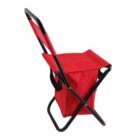 A red folding camping chair with a black metal frame. The chair features a red fabric seat and backrest, and includes an integrated storage pouch beneath the seat. The chair is shown from a side angle.