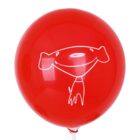 A red balloon with a simple white line drawing of a smiling cartoon face wearing a scarf.