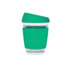 A transparent reusable cup with a green silicone sleeve and matching green lid, featuring a modern design.
