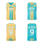 Two sleeveless sports jerseys are shown. The first is yellow with blue vertical stripes, featuring sponsor on the front and PLAYER 9 on the back. The second is blue with yellow vertical stripes, also displaying sponsor on the front and PLAYER 9 on the back.