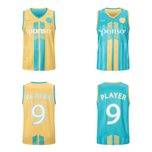 Two sleeveless sports jerseys are displayed, one in yellow with blue vertical stripes and the other in blue with yellow stripes. Both have sponsor on the front and player 9 on the back.