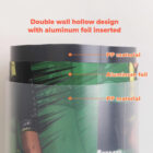 Cross-section of a cup showing double-wall design with labeled PP and aluminum foil layers.