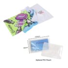 Three microfiber cleaning cloths, each with different colorful designs, are displayed. Below them is a clear PVC pouch, 103mm by 65mm, shown with one cloth inside and one outside.