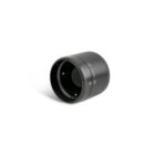 A black camera lens hood with white markings on the side is placed upright on a white background.