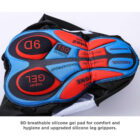 Close-up of a cycling pad with colorful sections labeled for various densities and features. Its part of cycling shorts shown inside-out, highlighting cushioning and design details. Text at the bottom promotes the pads comfort and hygiene properties.