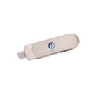 A silver USB flash drive with a cap on one end and a visible USB connector on the other. It features a blue and green logo with the word Lorem underneath, centered on its surface. The device is isolated on a white background.