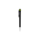 Black pen with a sleek design against a white background. It has a metallic tip and a green accent near the top, with a clip on the side.