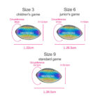 An image showing three colorful footballs with different sizes: Size 3 (childrens game), Size 6 (juniors game), and Size 9 (standard game). Each balls circumference and length are labeled in centimeters.