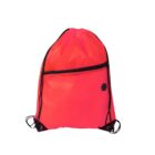 Bright red drawstring backpack with a front zippered pocket and black cords. The bag has a small headphone port opening on the side.