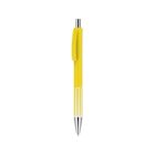 A yellow retractable ballpoint pen with a silver tip and a pocket clip, shown against a white background.
