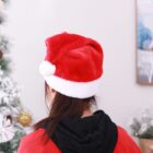 A person wearing a red and white Santa hat, facing away, stands near a decorated Christmas tree with a snowflake ornament. A winter-themed painting is visible on the wall in the background.