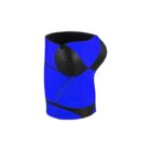 A blue and black knee brace with a contoured design and visible stitching. The brace is designed to provide support, featuring black sections for added reinforcement and flexibility.