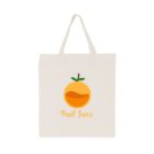 A beige tote bag featuring a cartoon orange with a leaf, representing fruit juice. The text Fruit Juice is printed below the image.