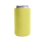 A silver can is wrapped in a bright yellow neoprene sleeve, set against a plain white background.