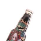 A bottle-shaped bottle opener featuring colorful artwork. The design includes a woman with sunglasses and a depiction of a mythical creature with scales and horns. The art covers the openers handle.