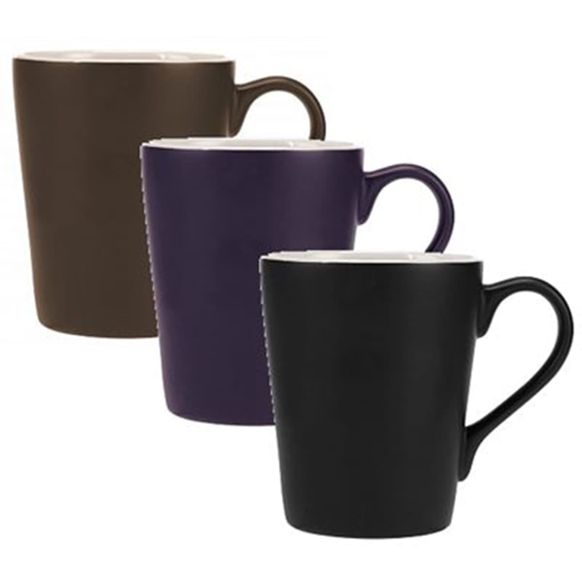 Three ceramic mugs with handles, arranged in a diagonal line. The colors are brown, dark purple, and black from left to right. Each mug has a glossy finish and a white interior.