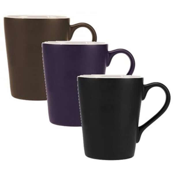 Three ceramic mugs are aligned in a staggered row. The mugs are dark brown, dark purple, and black from front to back. Each mug has a curved handle and a smooth, matte finish.