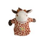 A plush giraffe hand puppet with a soft, white muzzle and embroidered eyes. It has a spotted orange and white body, with brown fabric for the horns and ears. The puppet features the word BLUES on its chest.