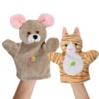 Two hand puppets are shown: on the left, a brown mouse with pink ears and big eyes; on the right, an orange tabby cat with white accents and pink ears. Both puppets are worn on hands, facing forward.
