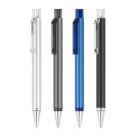 A set of four retractable pens with transparent clips and tips in different colors: white, gray, blue, and black, arranged in a row on a white background.