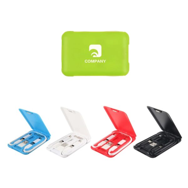A set of four open multi-functional phone accessory kits in blue, white, red, and black, each containing earbuds and connectors. Above them, a closed green case with the word COMPANY and a logo.