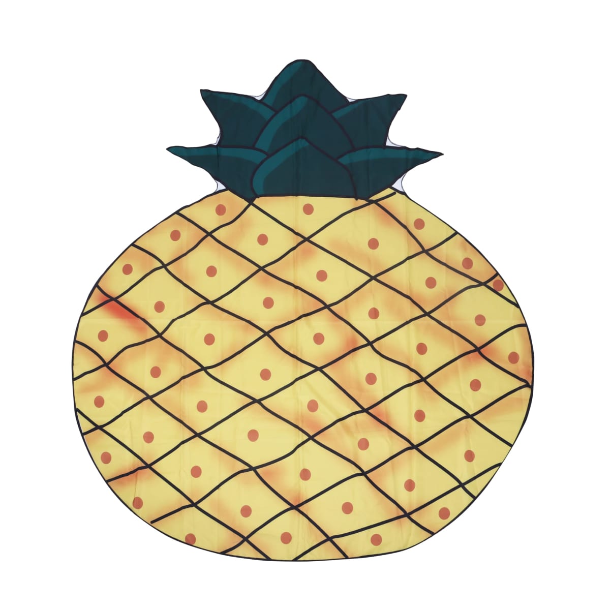 A flat, round object designed like a pineapple, with a yellow body, black grid lines, small orange dots, and dark green leaves at the top.