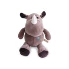 A plush toy rhinoceros with a brown body, white horn, and round black eyes. It has a small logo on its belly and a fabric tag on its side, set against a white background.