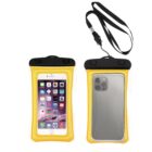 Two yellow waterproof phone pouches with black tops. The pouch on the left displays a smartphone with its front screen visible, while the one on the right shows the back of the phone. A black detachable lanyard is attached to the right pouch.