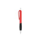 Red and black ballpoint pen with a metal tip and a clip on the side, against a plain white background.