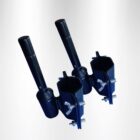 Two black cylindrical fishing rod holders attached to adjustable metal clamps against a plain white background.