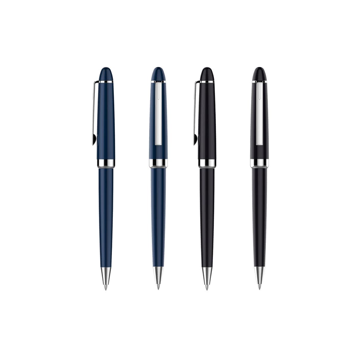 Four ballpoint pens are aligned vertically against a white background. Two pens have blue barrels with silver clips and trim, while the other two have black barrels with silver clips and trim.