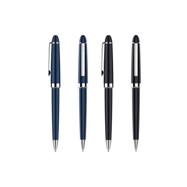 Four ballpoint pens are shown against a white background. Two are blue with silver clips and tips, and two are black with silver clips and tips. All pens are upright and evenly spaced.