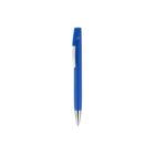 A blue ballpoint pen with a silver tip and clip, standing vertically against a white background.