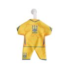 Miniature yellow sports jersey with blue stripes, featuring the Ukrainian coat of arms and a map outline on the back. The word Ukraine is printed below the map. The jersey is displayed on a small white hanger.